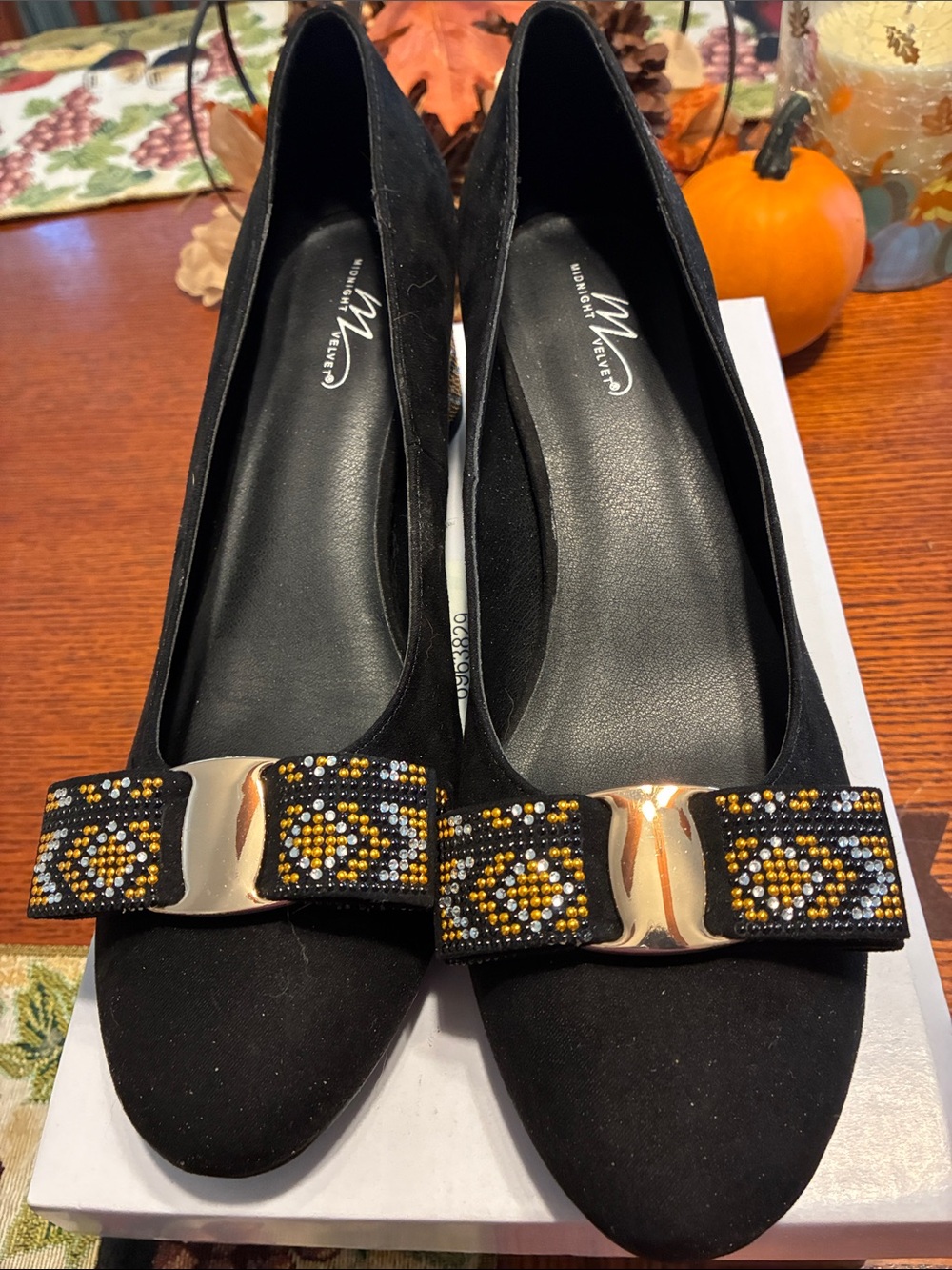 Midnight Velvet Black Flats with Beaded Bow Accent - Picture 3 of 5